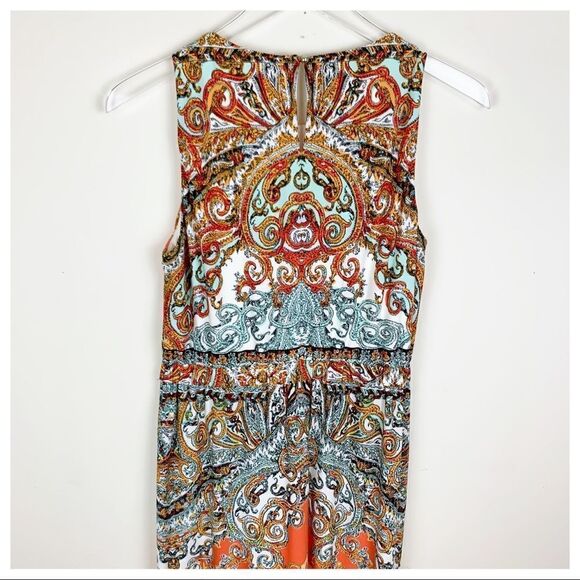 Donna Morgan Orange Print Sleeveless Boho Scarf Print Maxi Dress 6 - Picture 11 of 16